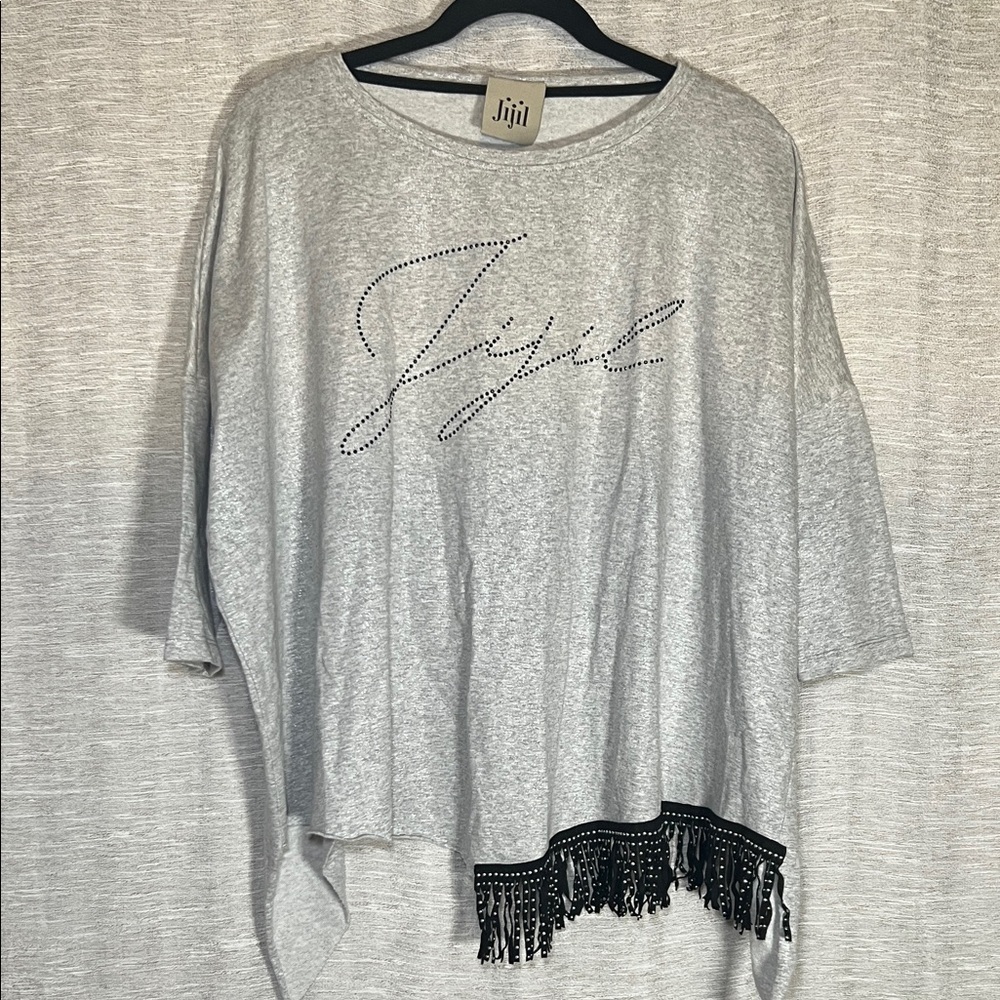 Jijil Light Gray Asymmetric Lagenlook Top with Black Studded Fringe Hem Size 40